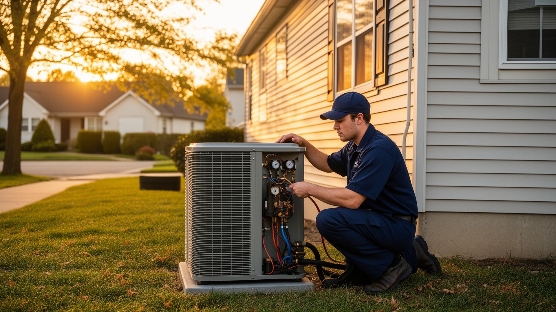 HVAC technician servicing an AC unit at a New Jersey home